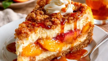 Pfirsich-Cheesecake-Crumble mit frischen Pfirsichen und knusprigem Belag