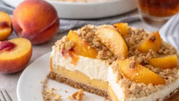 Pfirsich-Cobbler-Käsekuchen, der verführerisch und lächelnder Genuss verspricht