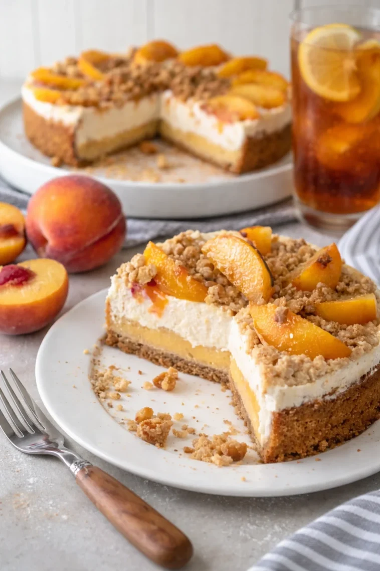 Pfirsich-Cobbler-Käsekuchen, der verführerisch und lächelnder Genuss verspricht