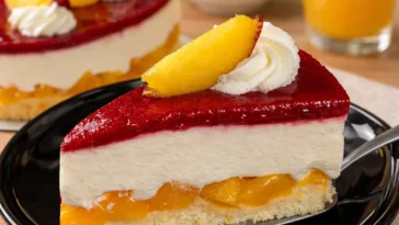 Pfirsichtorte mit Himbeeren auf einem Teller