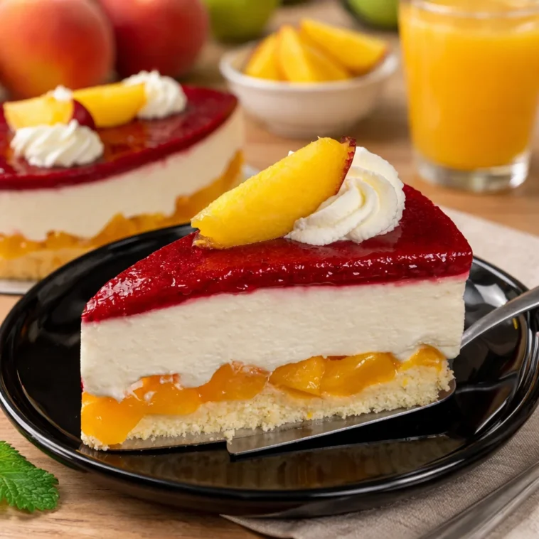Pfirsichtorte mit Himbeeren auf einem Teller