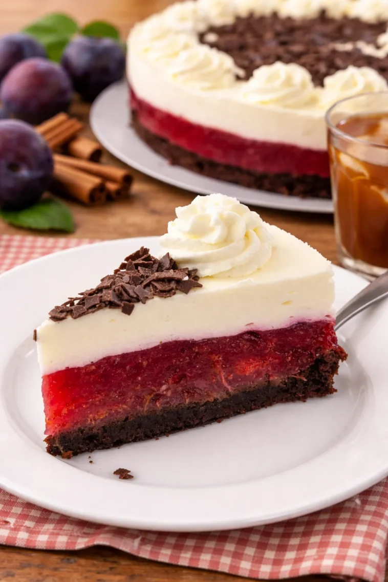 Pflaumentorte mit Schokoboden auf einem Teller serviert