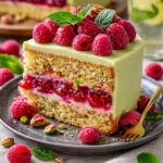 Pistazienkuchen mit Himbeerfüllung auf einem Teller dekoriert