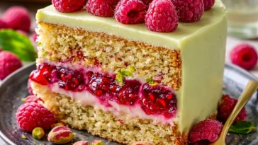 Pistazienkuchen mit Himbeerfüllung auf einem Teller dekoriert