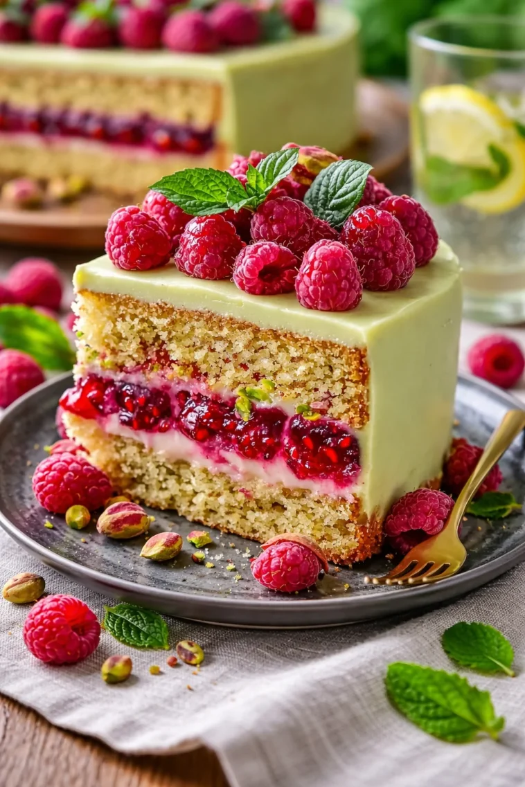 Pistazienkuchen mit Himbeerfüllung auf einem Teller dekoriert