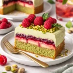 Schneller, saftiger Pistazien-Himbeer-Kuchen mit cremiger Glasur