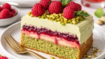 Schneller, saftiger Pistazien-Himbeer-Kuchen mit cremiger Glasur