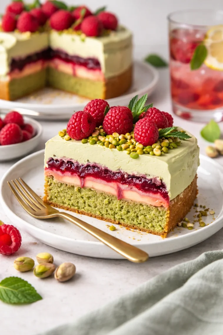 Schneller, saftiger Pistazien-Himbeer-Kuchen mit cremiger Glasur