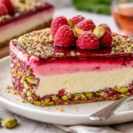 Pistazien-Himbeer-Crunch-Käsekuchen mit knackigem Topping und frischen Himbeeren.