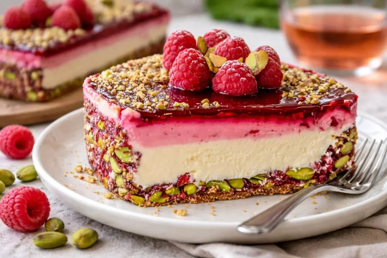Pistazien-Himbeer-Crunch-Käsekuchen mit knackigem Topping und frischen Himbeeren.