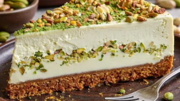 Pistazien-Käsekuchen mit einer cremigen Füllung und knackigen Nüssen