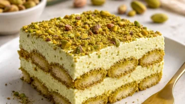 Leckeres Pistazien-Tiramisu mit Pistazienstücken und cremiger Schicht