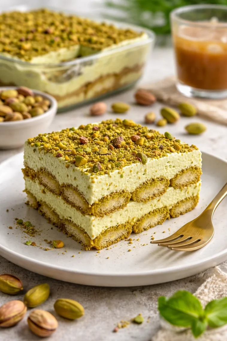 Leckeres Pistazien-Tiramisu mit Pistazienstücken und cremiger Schicht