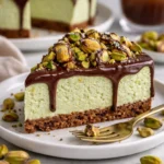 Pistazienmousse mit Schokoladenganache auf einem eleganten Dessertteller