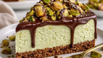 Pistazienmousse mit Schokoladenganache auf einem eleganten Dessertteller