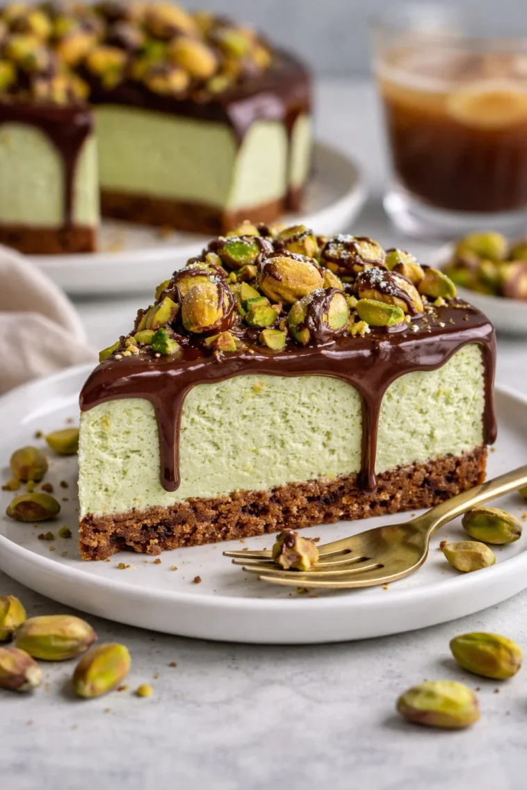 Pistazienmousse mit Schokoladenganache auf einem eleganten Dessertteller