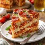 Leckeres Stück Pizza-Kuchen auf einem Teller serviert