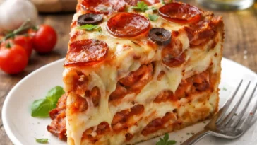 Leckeres Stück Pizza-Kuchen auf einem Teller serviert