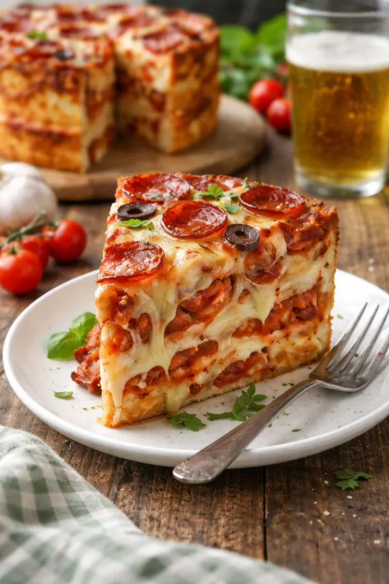 Leckeres Stück Pizza-Kuchen auf einem Teller serviert
