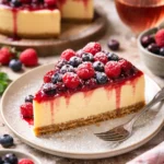 Puddingkuchen mit Himbeeren und Heidelbeeren, frisch gebacken und serviert