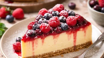 Puddingkuchen mit Himbeeren und Heidelbeeren, frisch gebacken und serviert