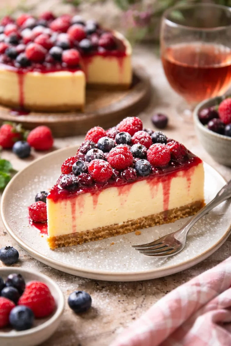 Puddingkuchen mit Himbeeren und Heidelbeeren, frisch gebacken und serviert