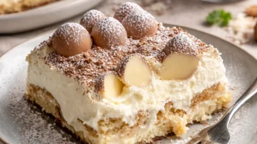 Raffaello Tiramisu ohne Backen auf einem Teller serviert.