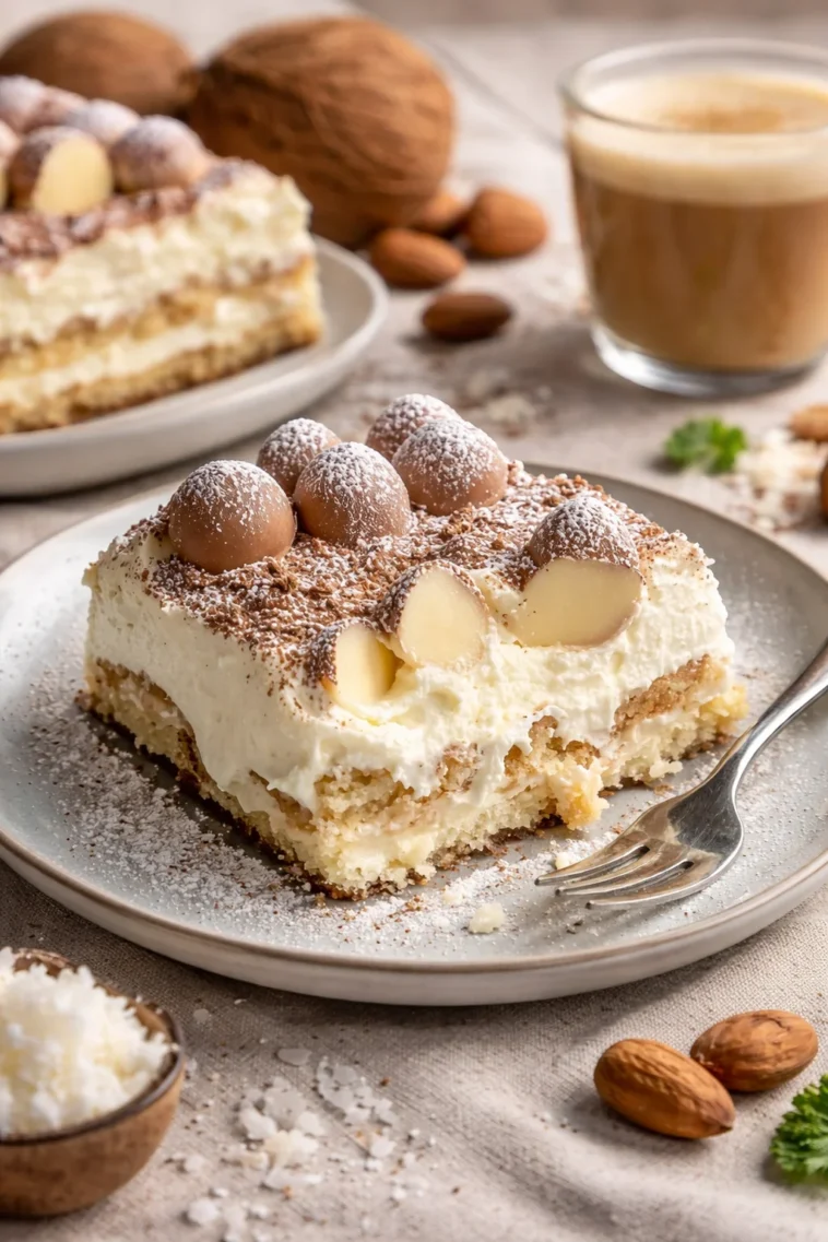 Raffaello Tiramisu ohne Backen auf einem Teller serviert.