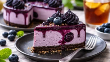 Ravenclaw Mitternachts-Heidelbeer-Käsekuchen mit frischen Heidelbeeren auf einem Teller