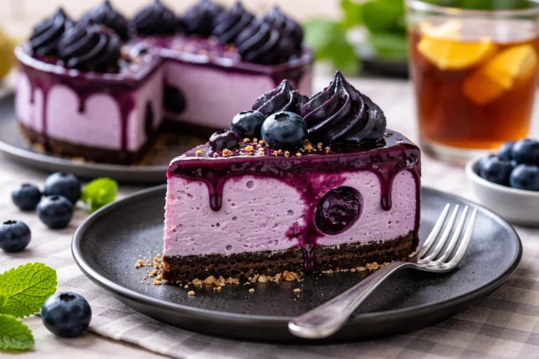 Ravenclaw Mitternachts-Heidelbeer-Käsekuchen mit frischen Heidelbeeren auf einem Teller