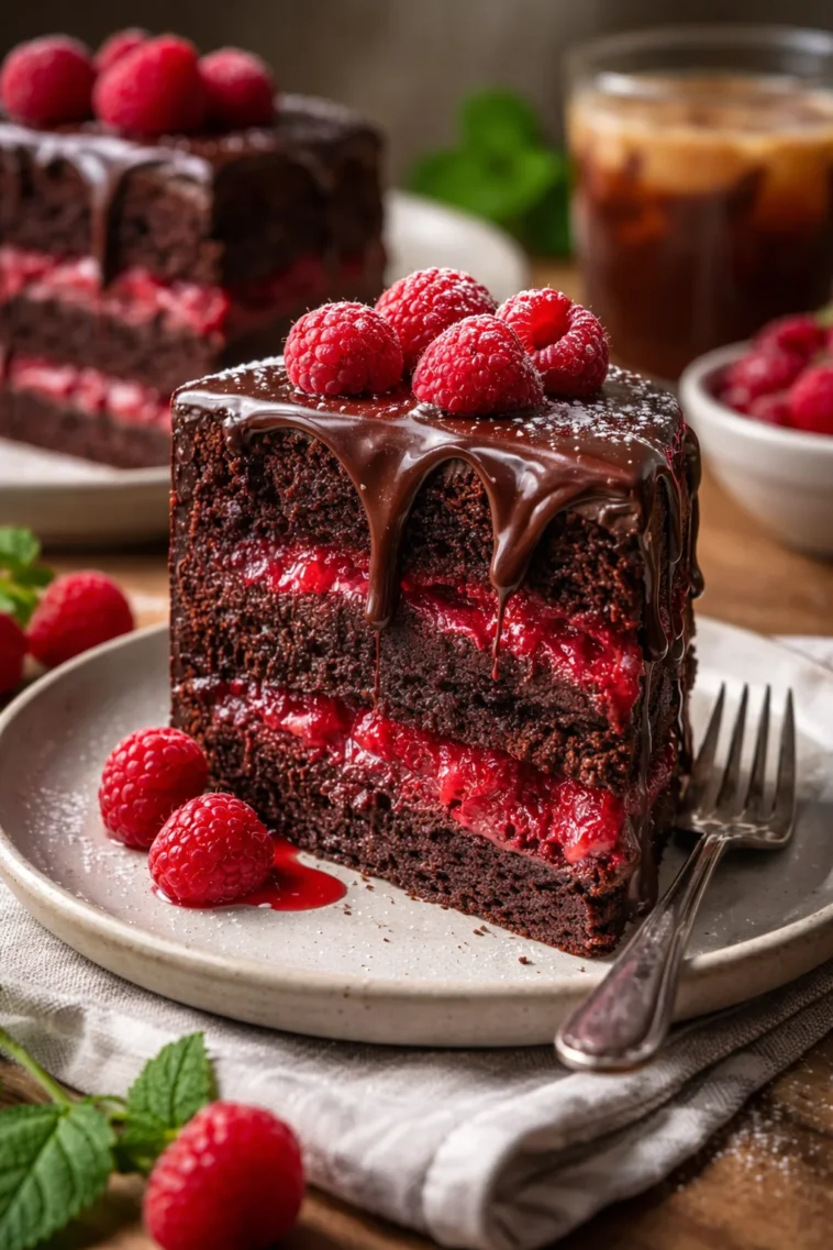 Reichhaltiger Schokoladen-Himbeer-Kuchen mit frischen Himbeeren und cremiger Schokoladenglasur.