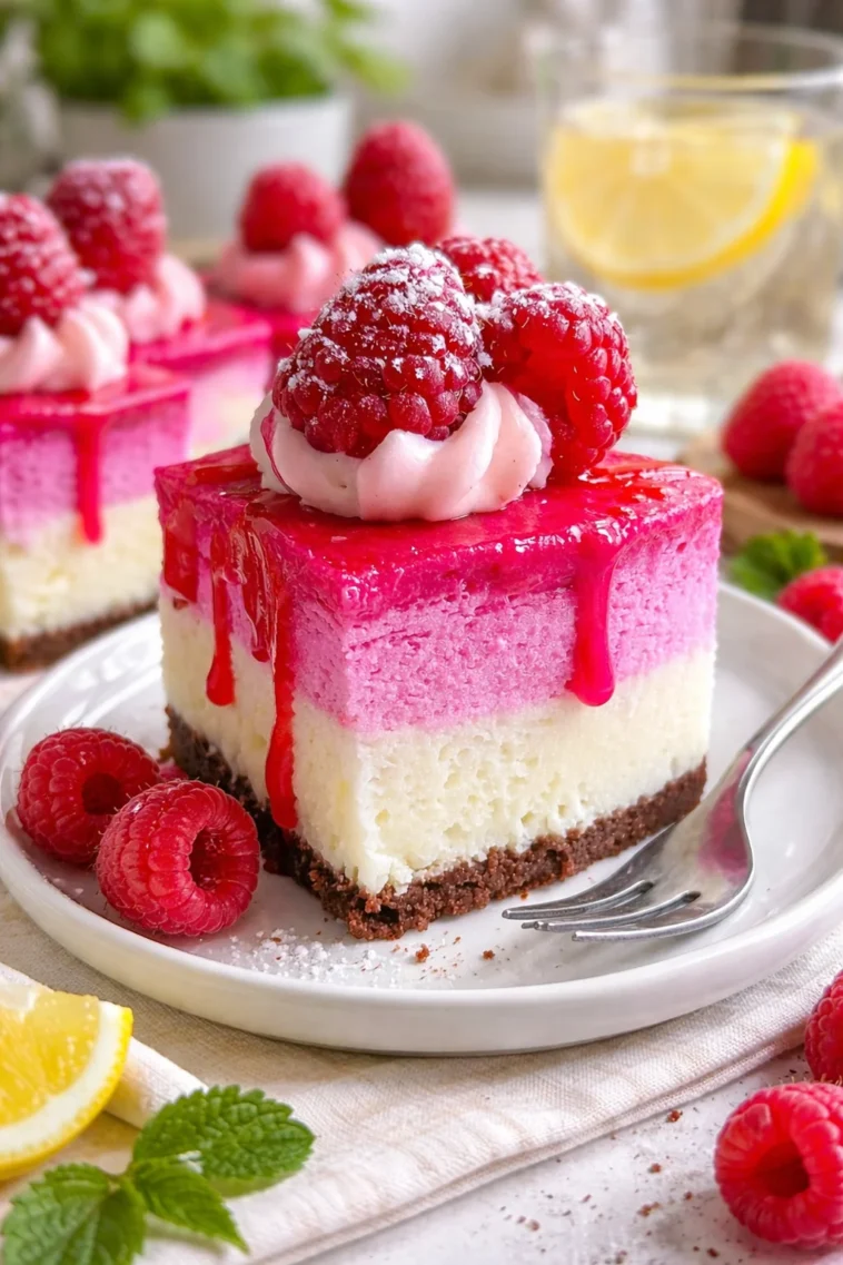 Rosa Samt Himbeer-Käsekuchen mit frischen Himbeeren und Cremefüllung
