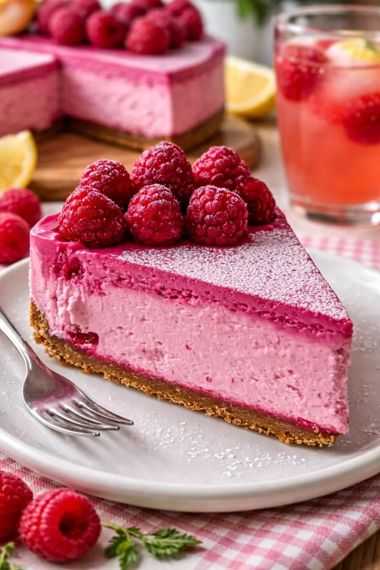 Rosa Samt Himbeer Käsekuchen, fruchtiger Käsekuchen mit Himbeeren