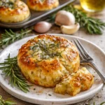 Frisch gebackene Rosmarin-Knoblauch-Focaccia-Muffins auf einem Holzbrett