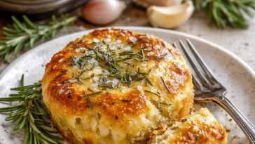 Frisch gebackene Rosmarin-Knoblauch-Focaccia-Muffins auf einem Holzbrett