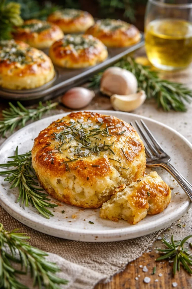 Frisch gebackene Rosmarin-Knoblauch-Focaccia-Muffins auf einem Holzbrett