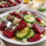 Rote-Bete-Salat mit Feta, Gurken und Dill auf einem Teller