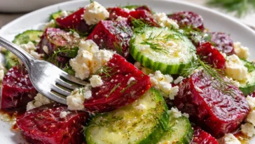 Rote-Bete-Salat mit Feta, Gurken und Dill auf einem Teller