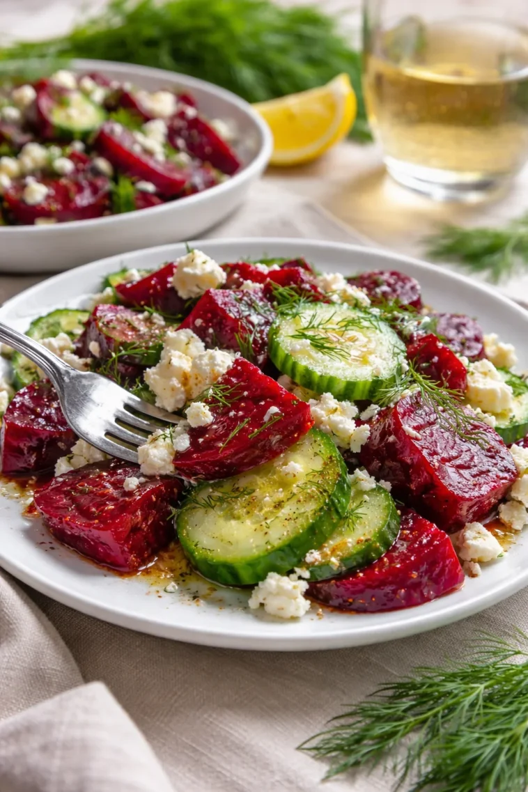Rote-Bete-Salat mit Feta, Gurken und Dill auf einem Teller