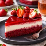 Rote Samt-Erdbeer-Käsekuchen mit frischen Erdbeeren und zarter Käsefüllung.