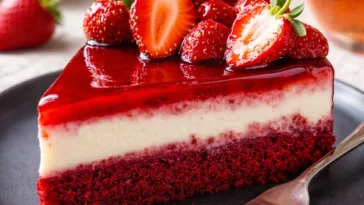 Rote Samt-Erdbeer-Käsekuchen mit frischen Erdbeeren und zarter Käsefüllung.