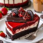 Rote Samt Oreo-Käsekuchen mit Schokoladenganache auf einem Teller