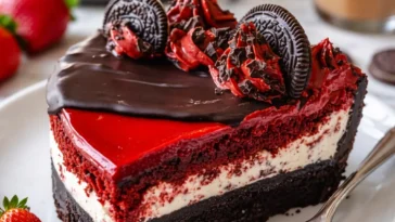Rote Samt Oreo-Käsekuchen mit Schokoladenganache auf einem Teller