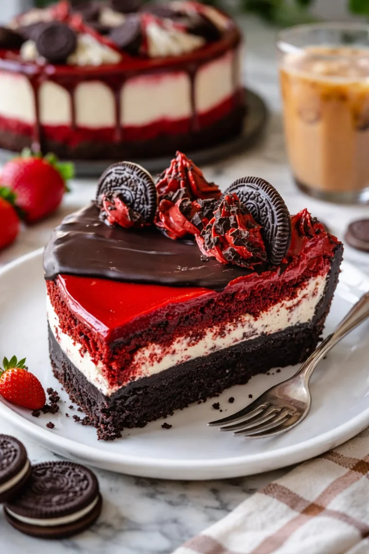 Rote Samt Oreo-Käsekuchen mit Schokoladenganache auf einem Teller