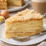 Ein Stück Russischer Napoleon Kuchen auf einem Teller mit dekorativen Elementen.