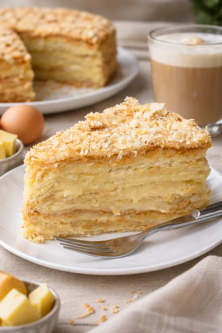 Ein Stück Russischer Napoleon Kuchen auf einem Teller mit dekorativen Elementen.