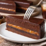 Eine appetitliche Sacher-Torte mit Schokoladenglasur und Aprikosenmarmelade.