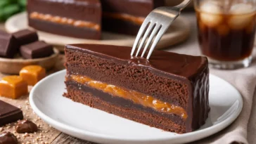 Eine appetitliche Sacher-Torte mit Schokoladenglasur und Aprikosenmarmelade.