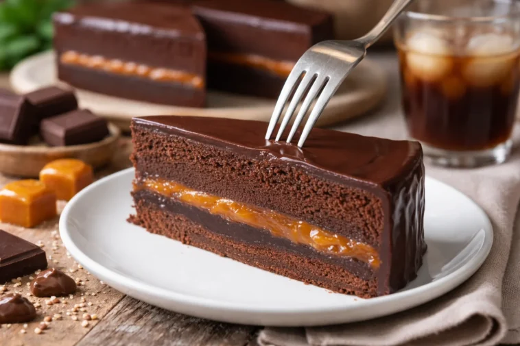 Eine appetitliche Sacher-Torte mit Schokoladenglasur und Aprikosenmarmelade.