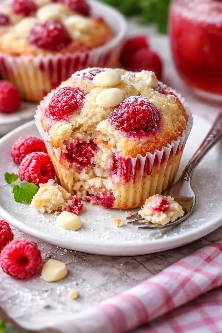 Saftige Himbeer Muffins mit weißer Schokolade auf einem Teller serviert